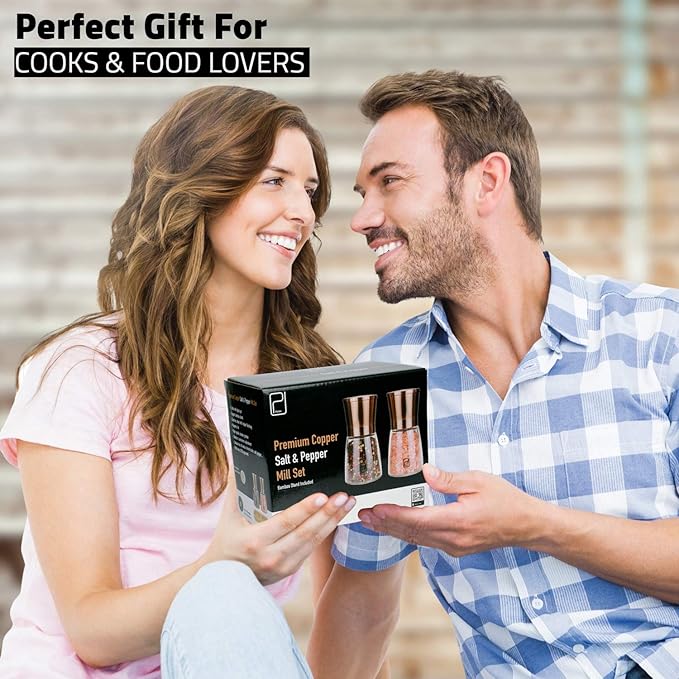 Premium Salt and Pepper Grinder Set w/Bamboo Holder - 6 oz, Copper Stainless Steel - S&P Spice Shakers - Refillable & Adjustable Coarseness Hand Mill for Spices & Seasonings - by PJC-Kitchen