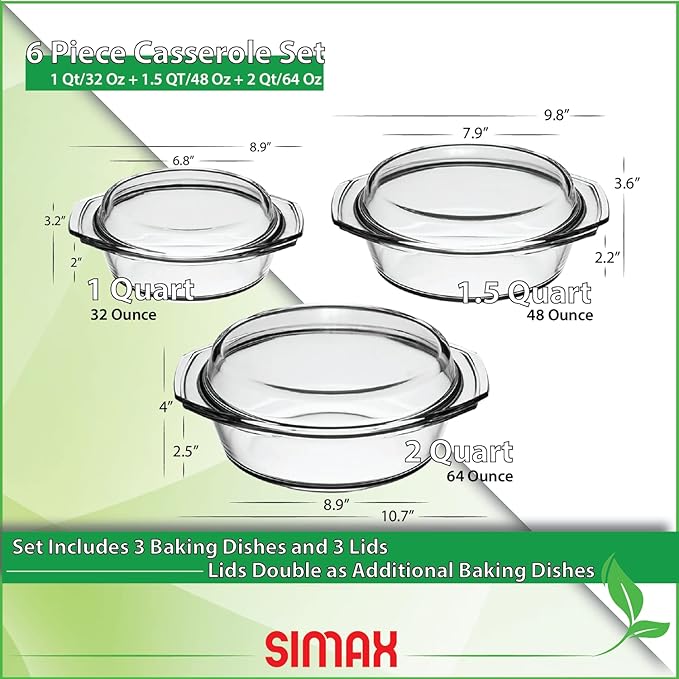Simax Casserole Dish Set with Lid, Round Glass Cookware, Borosilicate Glass, Made In Europe 1 Qt, 1.5 Qt and 2 Qt Baking Dishes, Set of 3