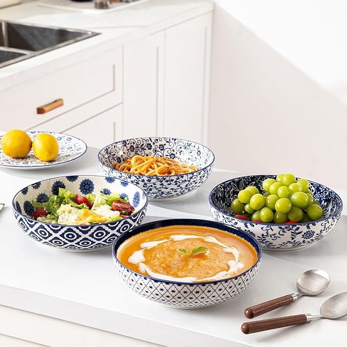Ceramic Large Pasta Bowls - 45 OZ Salad Bowls 8 inch Wide Serving Bowls for Soup Dessert Noodle Dinner Fruit Bowls - Microwave Dishwasher Safe - Set of 4 - Vintage Blue