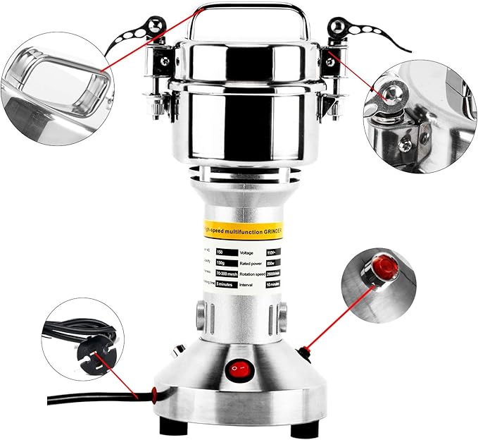 High Speed 150g Electric Grain Mill Grinder Powder Machine Spice Herb Grinder 850W 70-300 Mesh 28000RPM Stainless Steel Commercial Grade for Kitchen Herb Spice Pepper Coffee (150g)