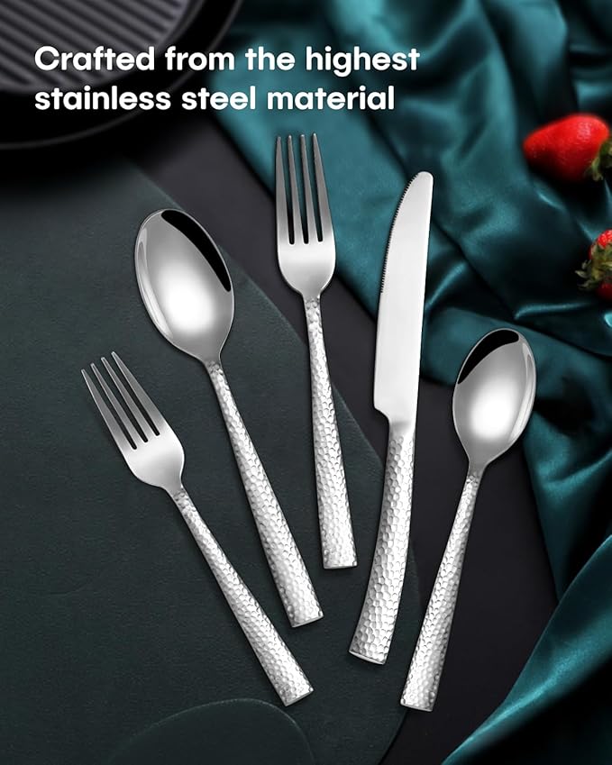 EUIRIO 48-Piece Hammered Silverware Set with Steak Knives, Stainless Steel Flatware Set for 8, Mirror Finish Cutlery Set for Home Hotel, Include Forks Spoons and Knives, Dishwasher Safe