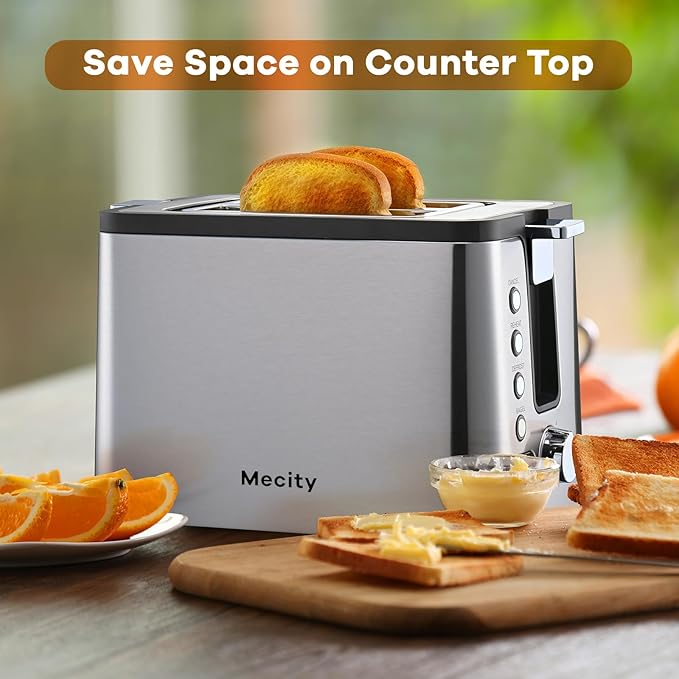 Mecity Toaster 2 Slice Stainless Steel with Countdown Timer, Bagel / Defrost / Reheat / Cancel Functions,Warming Rack, Removable Crumb Tray, 6 Browning Settings, Extra Wide Long Slots, Bread Toaster, 800 Watts