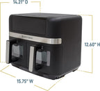West Bend Double Up Air Fryer Dual Basket 10-Quart Capacity with Digital Controls View Windows and 15 Cooking Presets, Nonstick Frying Baskets, Dual-Zone Cooking, 1600-Watts, Black