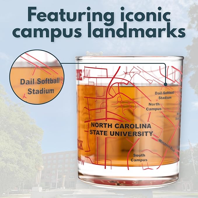 Greenline Goods – North Carolina State University Wolfpack College Whiskey Glasses (Set of 2), 10 oz – Full-Color Logo + Campus Map