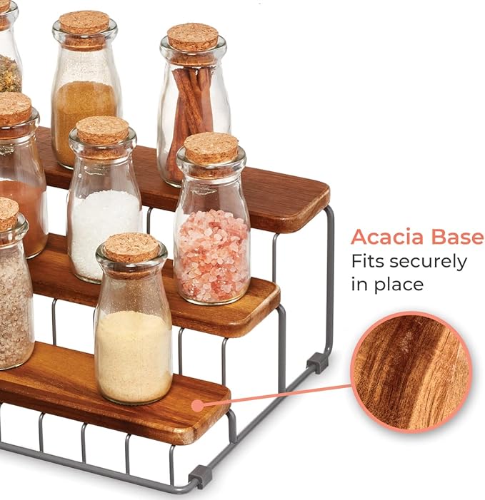 iDesign Ria Safford Collection Acacia Wood and Wire Three Organizer, 12" x 8.5" x 5", 3 Tier Spice Rack