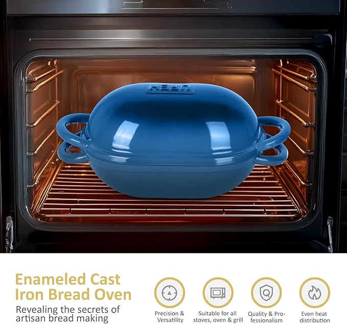 Dutch Oven for Bread Baking – Premium Cast Iron Pot with Lid – Perfect for Sourdough, Artisan Loaves & No-Knead Bread – 2 QT / 1.9L (Enameled, Round, Oven & Stovetop Safe), Blue