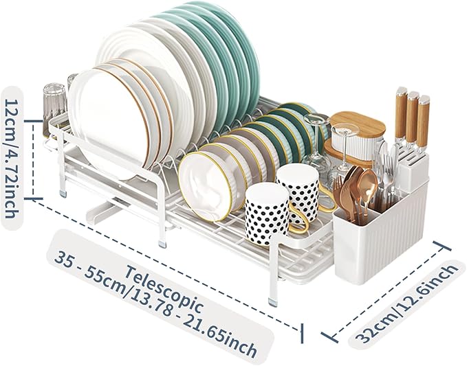 Large Dish Drying Rack with Drainboard,Expandable Dish Rack for Kitchen Counter, Utensil Holder & Cup Hooks,Rustproof Stainless Steel Drying Dish Rack 23.6’’L x 12.6’’W,White