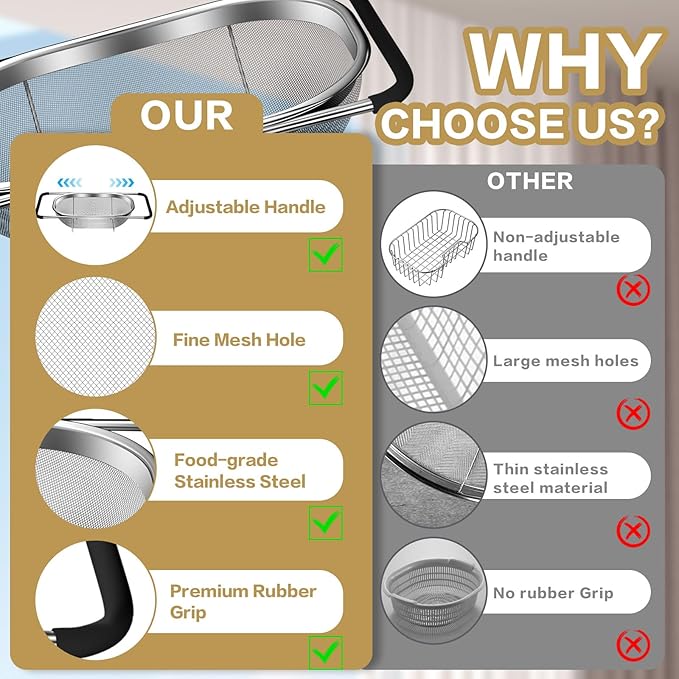 Over the Sink Colander - Strainers and Colanders - Stainless Steel Strainer - Expandable Sink Colander with Rubber Grip for Strain, Drain, Rinse Fruits, Vegetables, Home Kitchen Essentials