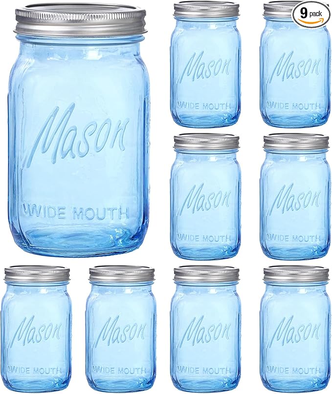 WELLIFE Wide Mouth Mason Jars,9 Pack Blue Mason Jars 32 OZ,Mason Jar for Decor Canning & DIY Crafts,Food Storage,Fermenting,Pickling,Meal Prep