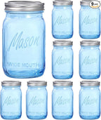 WELLIFE Wide Mouth Mason Jars,9 Pack Blue Mason Jars 32 OZ,Mason Jar for Decor Canning & DIY Crafts,Food Storage,Fermenting,Pickling,Meal Prep