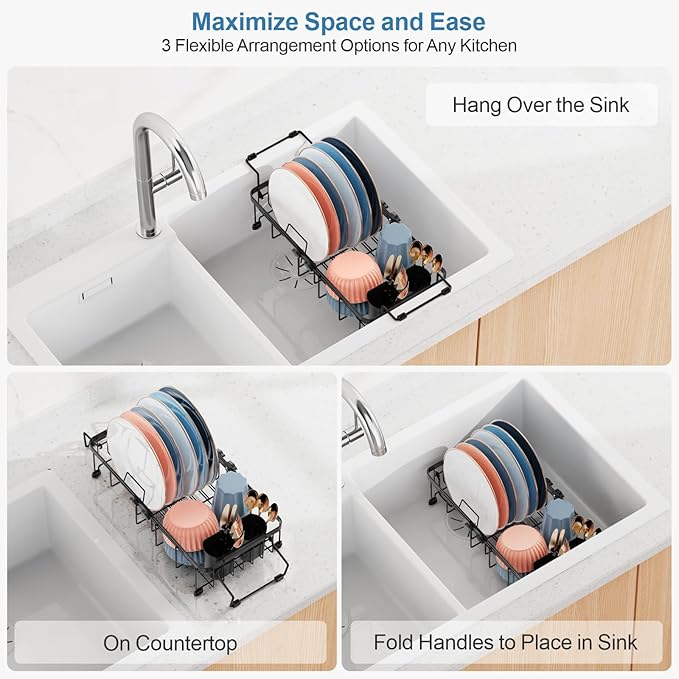 iSPECLE Small Sink Dish Drying Rack, Capacity Expandable Narrow Dish Drainer for RV Apartment Kitchen with Utensil Holder, Black