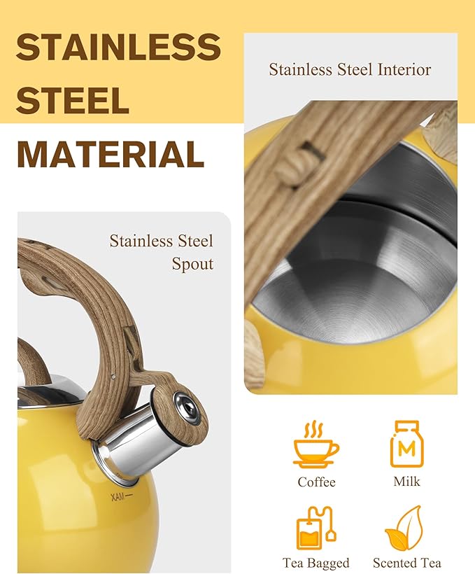 Stovetop Tea Kettle, 2.1 Quart Stove Top Whistling Tea Kettles,Water Teapot Induction Tea Kettle with Food Grade Stainless Steel and Silicone Anti-Hot Handle, Suitable for All Heat Sources