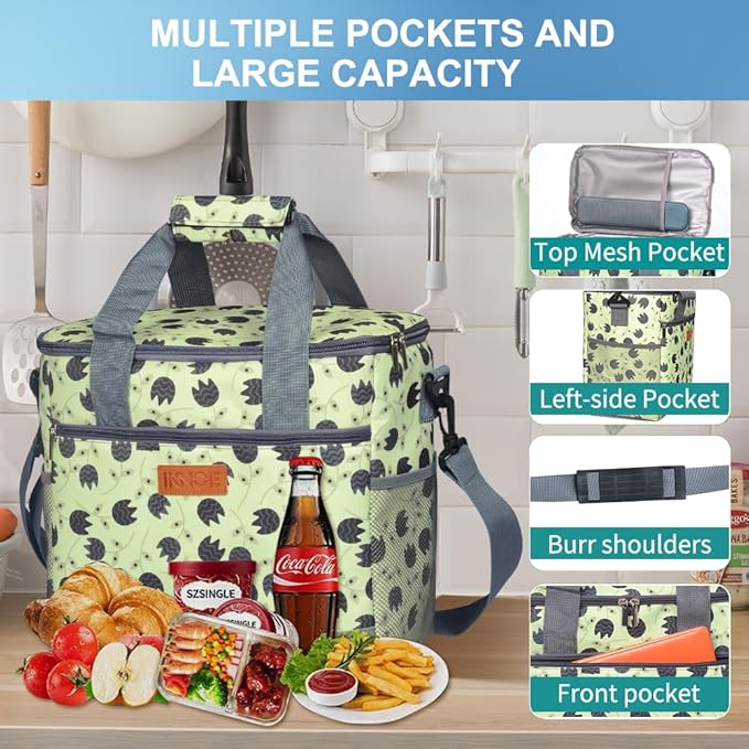 iknoe Large Cooler Bag Collapsible, 15L Insulated Bags, Leakproof Lunch Cooler Tote with Multi-Pockets for Adult, Insulated Lunch Box for Beach, Picnic,Work, Leaf 24-Can