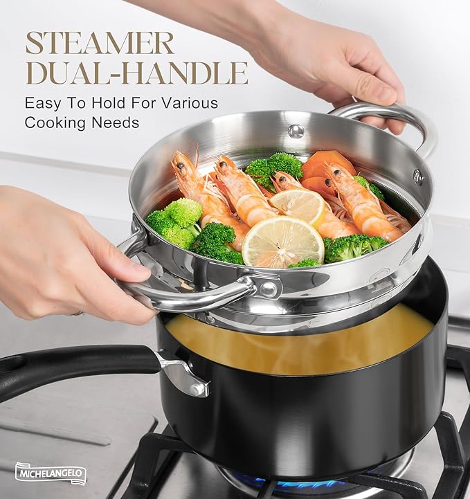 MICHELANGELO Nonstick Saucepan with Lid, Ceramic Sauce Pan Sets with Steamer, Easy to Clean Sauce Pans, Multi-Purpose Cooking Pots, 1QT & 2QT & 3QT, with Steamer, Black