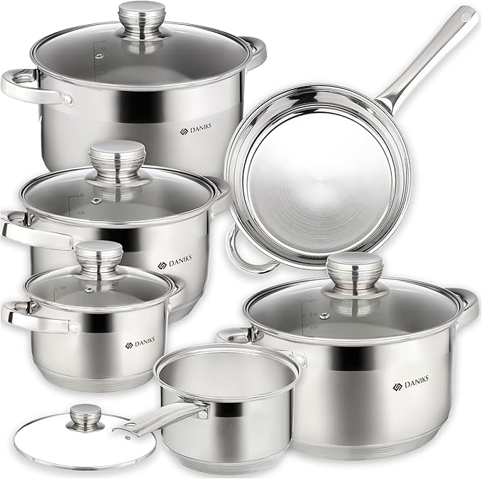 Daniks Standard 11-Piece Stainless Steel Induction Cookware Set, Saucepan, Frying Pan, Dishwasher Safe Pots, Measuring Scale, Glass Lids, For Soup, Pasta, Stew, Silver