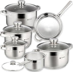 Daniks Standard 11-Piece Stainless Steel Induction Cookware Set, Saucepan, Frying Pan, Dishwasher Safe Pots, Measuring Scale, Glass Lids, For Soup, Pasta, Stew, Silver