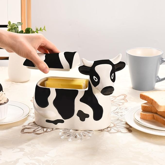 Cow-Shaped Cheese Slice Holder for Refrigerator - BPA-Free Ceramic Cheese Saver -Dishwasher- Holder with Hinged Lid - Sliced Container for Fridge - Keeps Cheese Fresh & Flavorful
