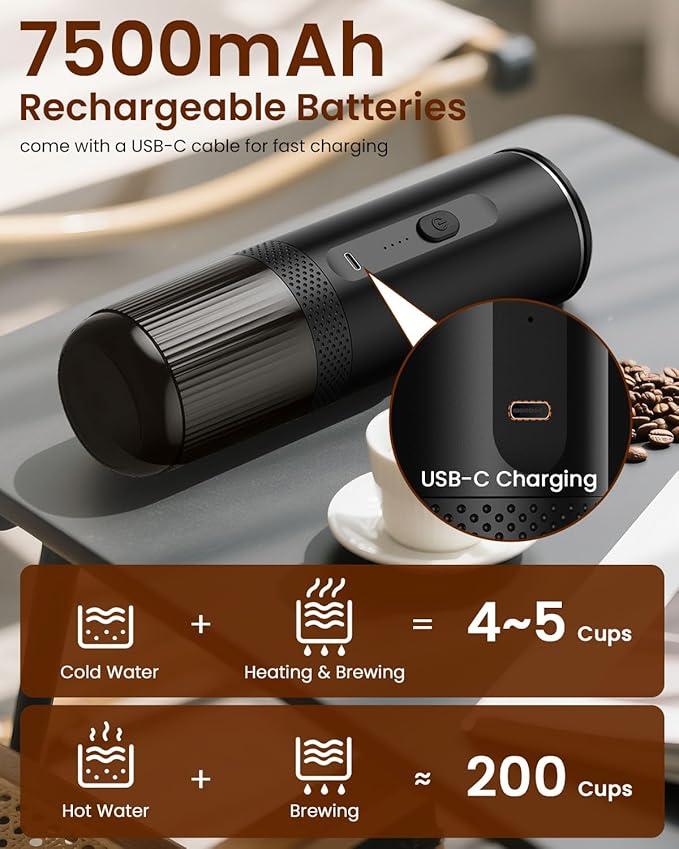 Portable Espresso Maker, Electric Espresso Machine for Travel, Camping, Rechargeable USB-C Mini Coffee Maker for NS Capsule Pods and Ground Coffee, Matte Black