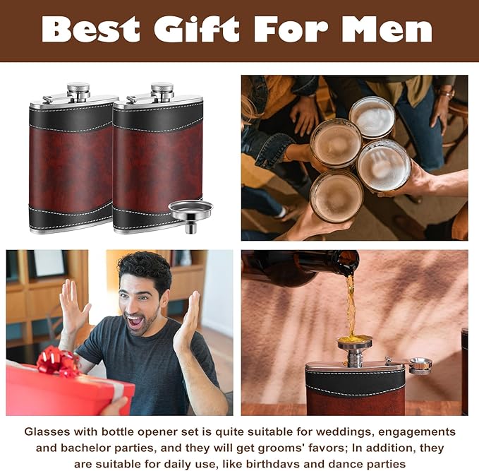 6 Pcs 8 oz Leather Hip Flasks for Liquor for Men Leak Proof Stainless Steel Drinking Flasks Bulk Soft Wrap Whiskey Flask with Funnel for Wedding Bridesmaid Christmas Gifts, Leather Brown