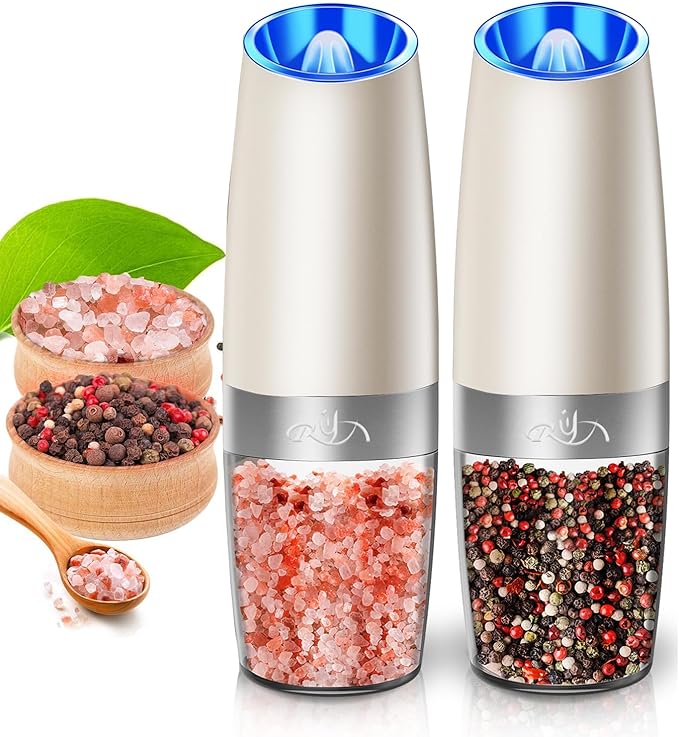 Rongyuxuan Gravity Salt and Pepper Mill Set, Electric Automatic Pepper Grinder Mill Shaker with Battery Powered,Stainless Steel,Blue LED Light,Adjustable Coarseness,One Hand Use,Khaki