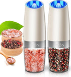 Rongyuxuan Gravity Salt and Pepper Mill Set, Electric Automatic Pepper Grinder Mill Shaker with Battery Powered,Stainless Steel,Blue LED Light,Adjustable Coarseness,One Hand Use,Khaki