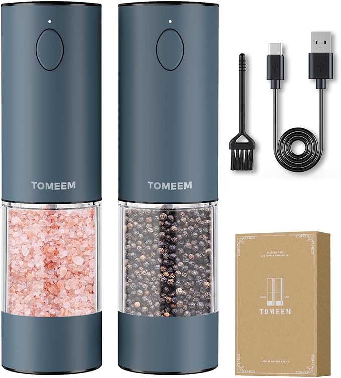 TOMEEM Upgraded Larger Capacity Electric Salt and Pepper Grinder Set Rechargeable with LED lights, Stainless Steel Automatic Pepper and Salt Grinder Refillable with 5 Adjustable Coarseness Blue