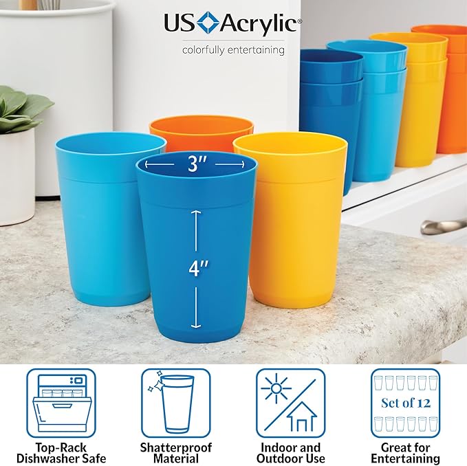 US Acrylic Newport 10 ounce Unbreakable Plastic Stackable Juice Tumblers in 4 Sunrise Colors | Set of 12 Drinking Cups | Reusable, BPA-free, Made in the USA, Top-rack Dishwasher and Microwave Safe