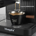 Mongdio Espresso Measuring Cup, Stainless Steel Espresso Shot Cups with Wooden Handle and Double Spouts, 6.8OZ/200ML, Black