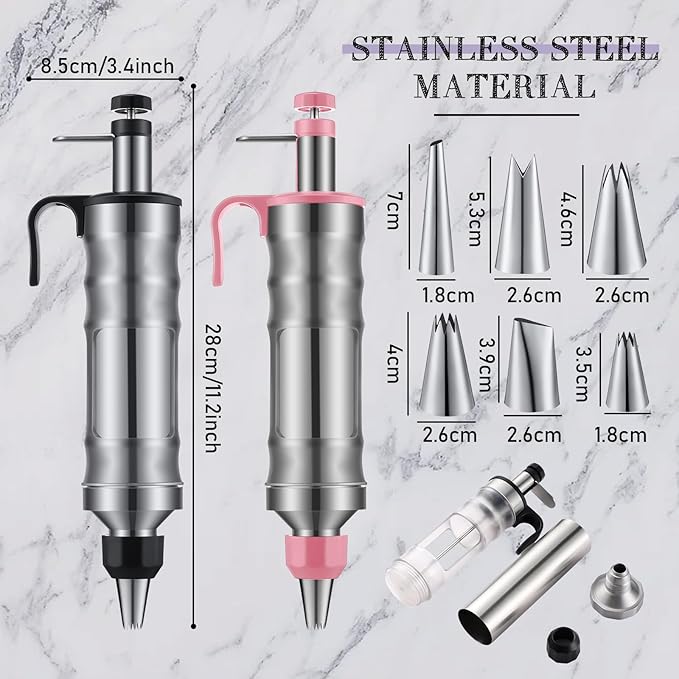 Uiifan 2 Sets Icing Decoration Gun Set Dessert Decorating Decorator Syringe Cake Decorating Tool and 12 Pcs Russian Piping Icing Nozzles Cupcake Filling Injector Cake Tool for Baking(Pink, Black)