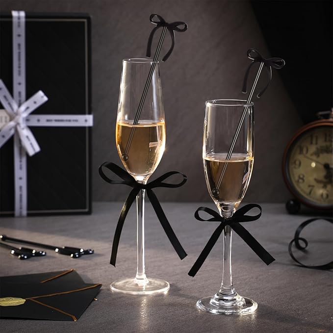30 Pcs 6 Inch Bow Drink Stirrers, Bow Stir Sticks Coffee Stirrers Reusable Plastic Swizzle Sticks for Wedding Birthday Bridal Cocktail Decorations Supplies(Black)