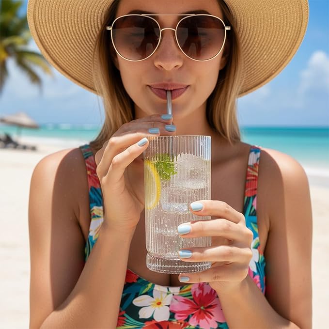 Vintage Ribbed Glassware Set with straws, 16oz Drinking Glasses, Origami Style Set of 4, Fluted Design, Ideal for Water, Iced Coffee, Juice, Beer, Milk, Cocktail, Gift