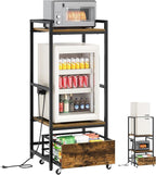Mini Fridge Stand with Movable Drawer, Microwave Stand with Power Outlet, Mini Fridge Shelf with Adjustable Shelves, Kitchen Bakers Rack for Dorm, Dining Room, Home, Rustic Brown HB05UBR