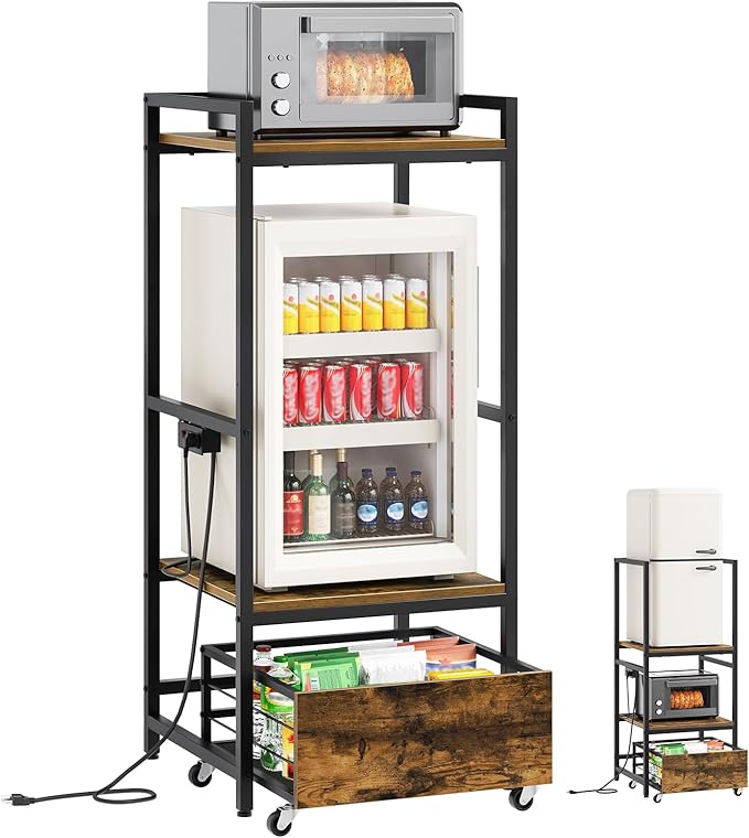 Mini Fridge Stand with Movable Drawer, Microwave Stand with Power Outlet, Mini Fridge Shelf with Adjustable Shelves, Kitchen Bakers Rack for Dorm, Dining Room, Home, Rustic Brown HB05UBR