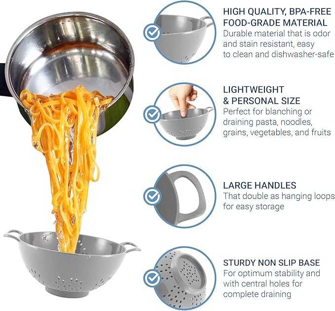 Meadow Lane 6-inch Small Colander, BPA-Free, Dishwasher Safe, Double Handles, Compact Food Strainer for Berries, Veggies and Pasta, 3-Cup Capacity, Silver Gray