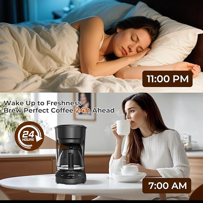 5-Cup Programmable Coffee Maker with 24h Timer, Small Drip Coffee Machine with Auto Shut-off, 2h Keep Warm, BPA-free Glass Carafe Coffee Pot, Delay Brew, 25oz Water Tank, Compact for Home/RV/Dorm