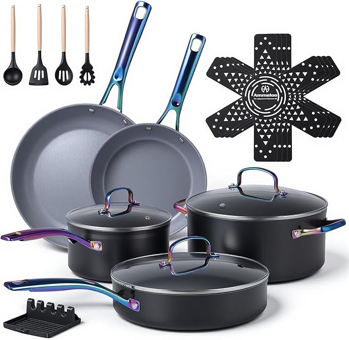 Ammeloo 17 Pcs Ceramic Cookware Set, Induction Pots and Pans Set Non Stick, Premium Colored Stay Cool Handle, Non Toxic PFOA PFOS Free, Oven Safe & Compatible with All Stovetops, Black
