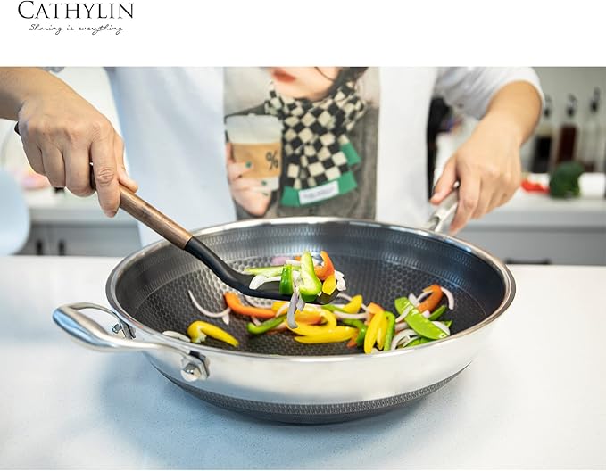 13'' 316L Stainless Steel Stir-fry Wok with Lid,Non Stick Skillet with Stay-cool Handle PFOA Free Suitable for Induction, Ceramic, Electric, and Gas Cooktops