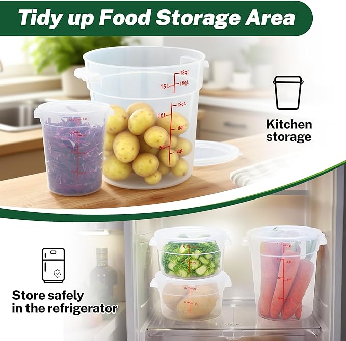 Round Food Storage Container with Lid, 4 Qt Translucent, Commercial 4 Pack of – NSF Listed, BPA-Free, Polypropylene, Non-Stick, Scale, with Labels & Measuring Cups