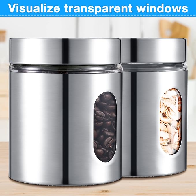 3 Pcs Stainless Steel Canister Set with Glass Windows Visible Storage Jars Silver Kitchen Canister Set for Pasta Flour Oat Sugar Container, Kitchen Tools, Housewarming Gifts (20 oz)
