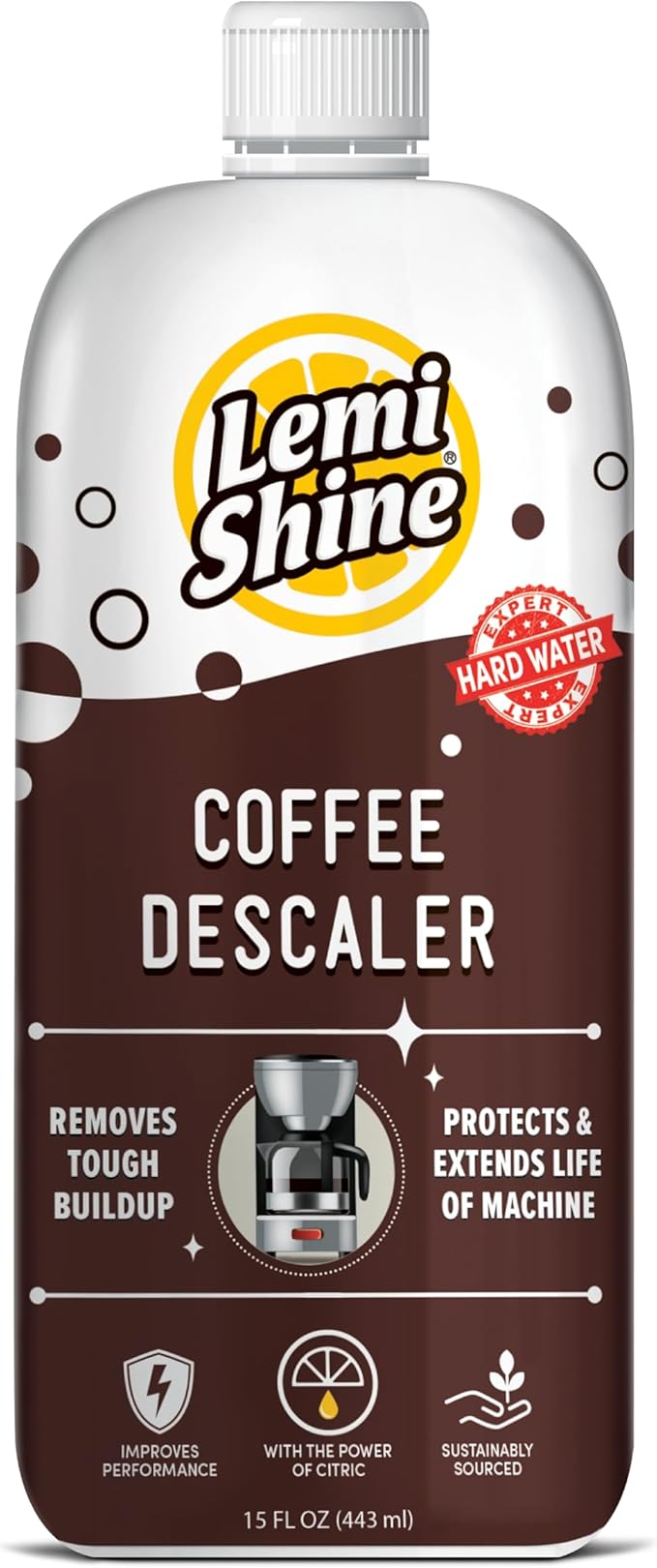 Lemi Shine Coffee Machine Descaler With Powerful Citric Acid | Coffee Maker Cleaning Supplies | Universal Cleaner Works For Nespresso, Keurig, Breville, & More, 4 Uses - 15 oz. Bottle