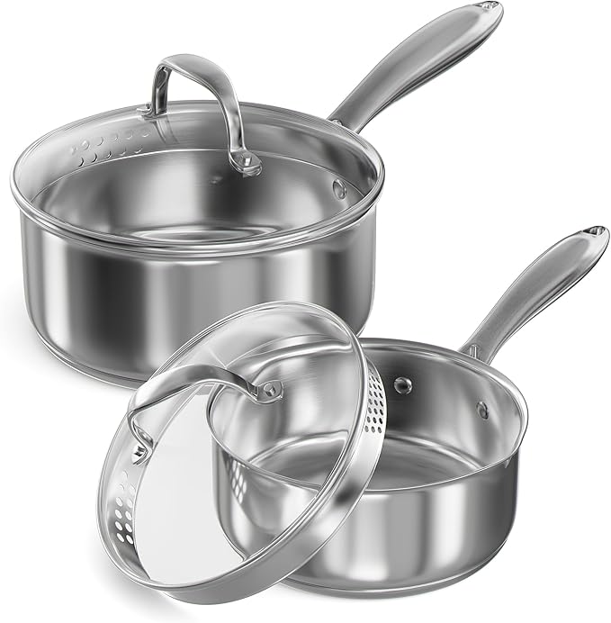 Stainless Steel Saucepan Set with Strainer Glass Lid, 1-Quart and 2-Quart Tri-Ply Capsule Bottom Sauce Pan/Pot, Two Pour Spout, Dishwasher and Oven Safe