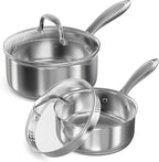 Stainless Steel Saucepan Set with Strainer Glass Lid, 1-Quart and 2-Quart Tri-Ply Capsule Bottom Sauce Pan/Pot, Two Pour Spout, Dishwasher and Oven Safe