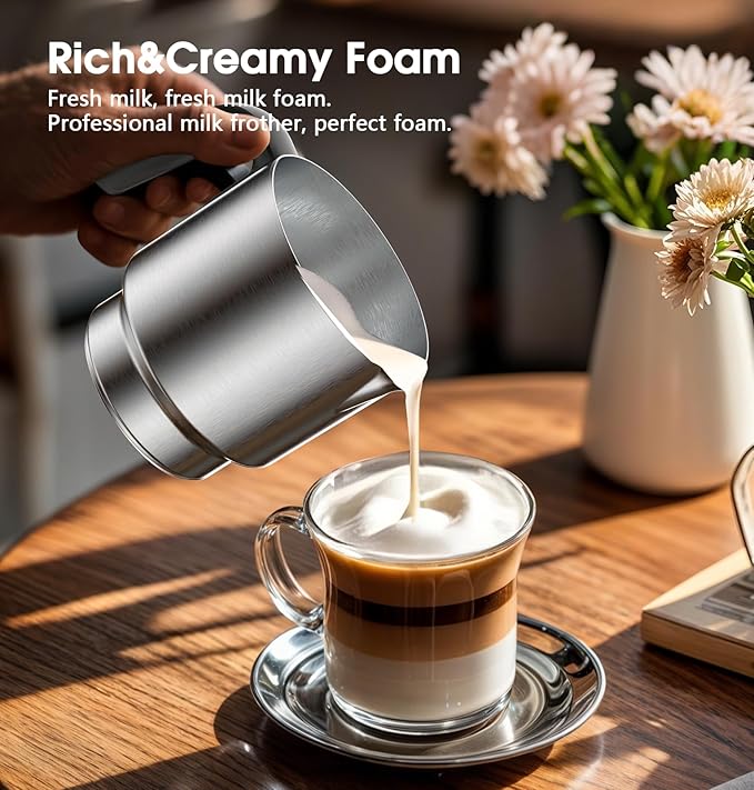 Milk Frother and Steamer, Detachable Electric Milk Frother, Large Capacity Automatic Milk Steamer with LED Touch, Hot & Cold Foam Maker for Coffee, Latte, Cappuccino, Hot Chocolate, Quiet Operation