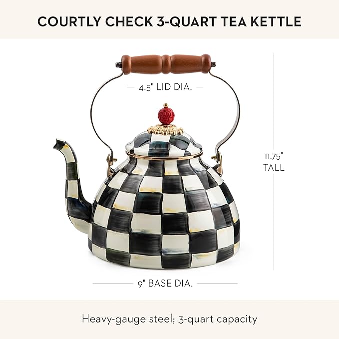 MACKENZIE-CHILDS Enamel Tea Kettle, Stylish Tea Kettle for Stovetop, Black-and-White Courtly Check, 3 Quarts