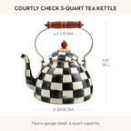 MACKENZIE-CHILDS Enamel Tea Kettle, Stylish Tea Kettle for Stovetop, Black-and-White Courtly Check, 3 Quarts