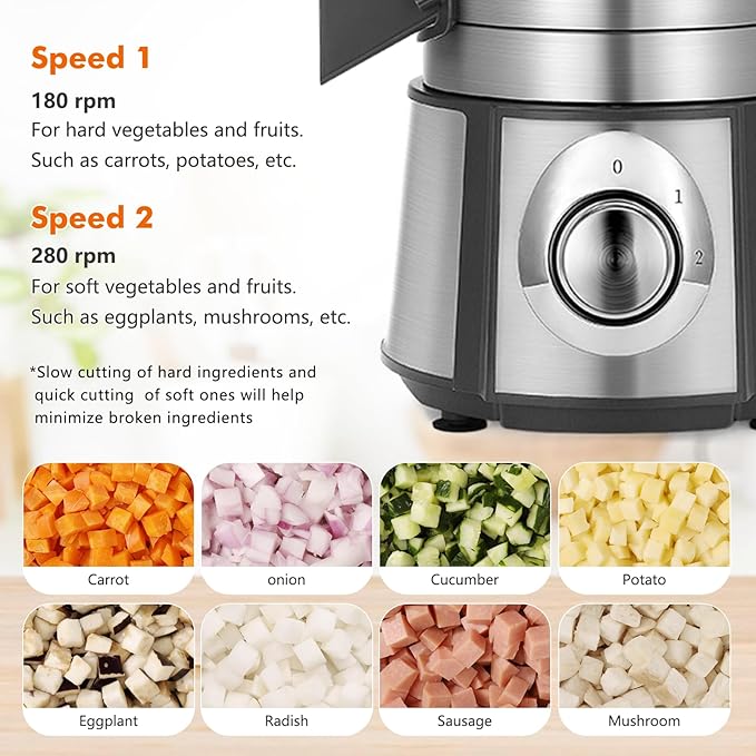 Anatole Electric Vegetable Dicer Stainless Steel Food Processor 16-Cup 300W Commercial Veggie Chopper Heavy Duty Fruits Cutter with 1/4" 3/8" 1/2" Blades Auto Discharge for Carrot Potato Onion