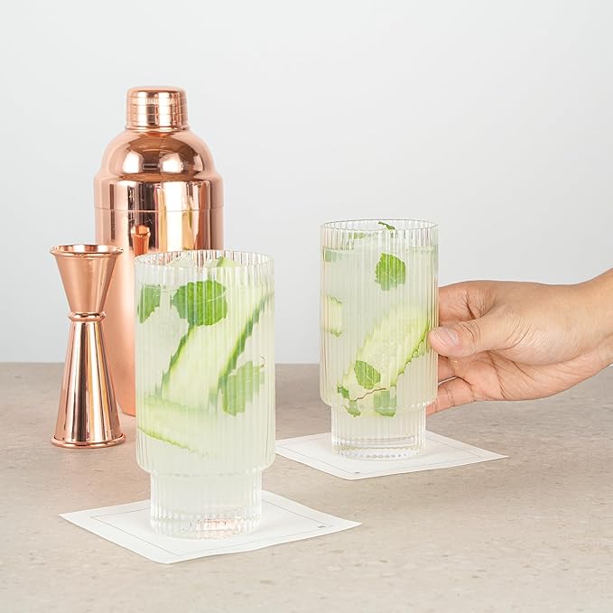 Restaurantware-Vetri 10 Ounce Highball Glasses, 6 Ribbed Drinking Glasses - No-Lead, Dishwashable, Clear Glass Tumblers For Scotch, For Drinking Liquor, Cocktail, Bourbon, Cognac, And More