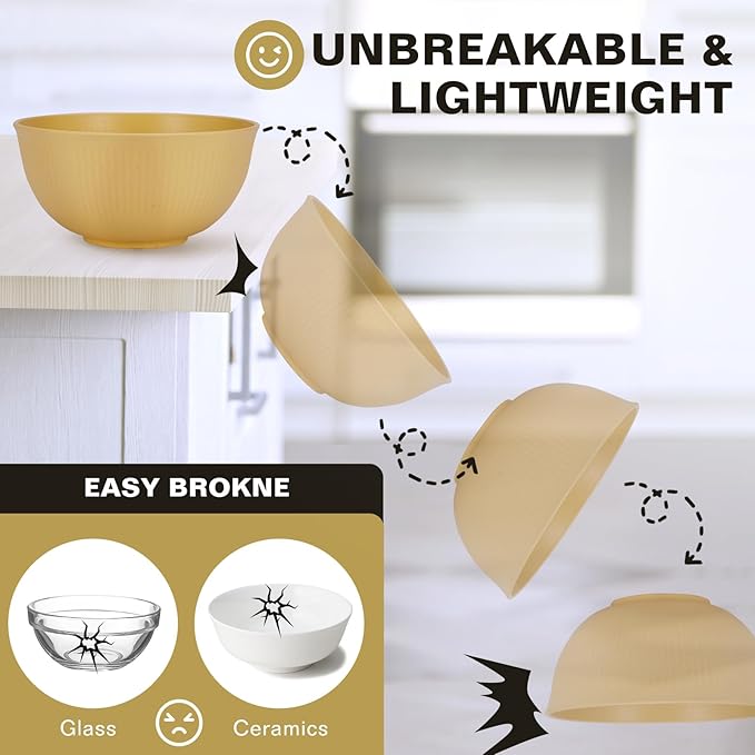 Wheat Straw Bowls, 26 Oz Unbreakable Plastic Soup Salad Cereal Bowls Sets of 8, Lightweight Reusable Microwave Dishwasher Safe BPA-Free for Kitchen Camping Ramen Snack, Multicolor