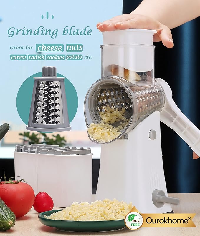 Ourokhome Rotary Cheese Grater Shredder, Multifunction 5 in 1 Kitchen Manual Speed Round Mandolin Food Slicer Vegetable Shooter Potato Hashbrown Grinder for Nut, Carrot, Radish, Cucumber, White