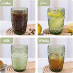 14OZ Drinking Glasses Set of 4, Green Drinking Glasses, Colored Glassware Drinking, Highball Beverage Glasses Cup, Vintage Glassware Set for Water, Juice, Cocktail, Coffee